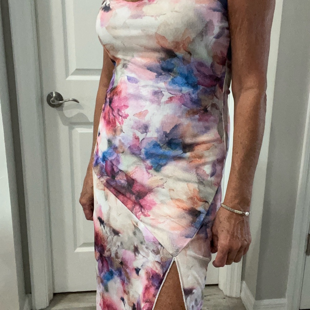 Caution To The Wind Pink and Blue One Shoulder Sheath Dress